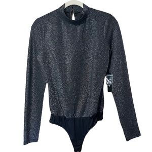 LULU'S black & silver metallic long sleeve bodysuit M